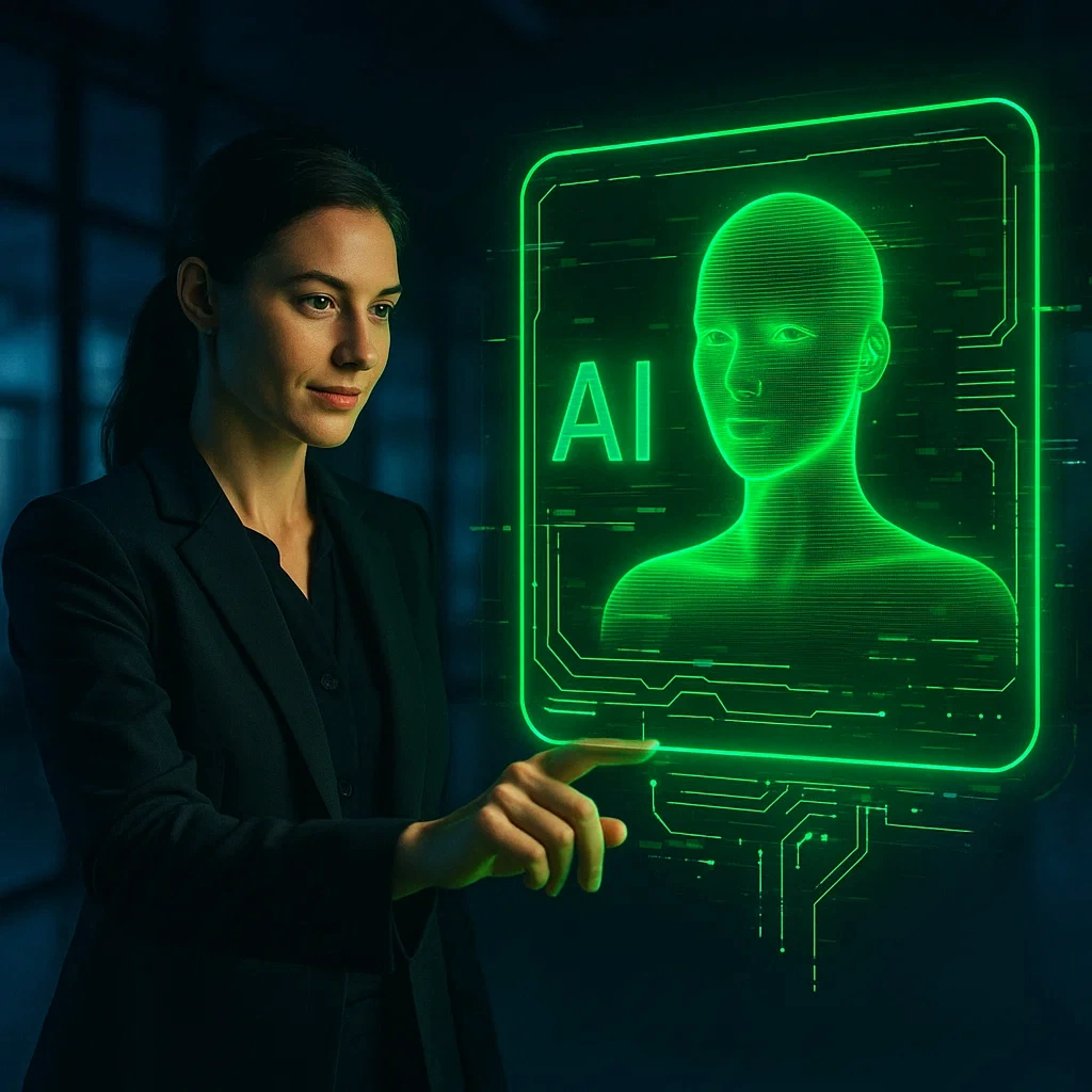 Business professional in front of an AI dashboard